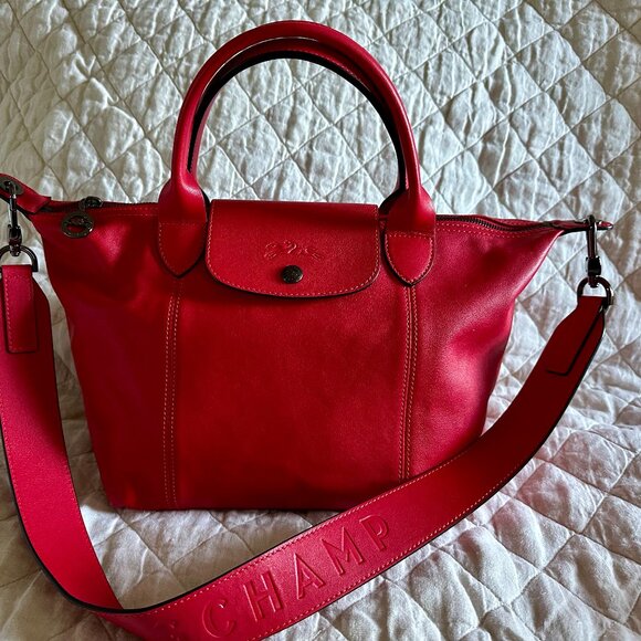 Longchamp Le Pliage Cuir Leather Tote Bag in Red NWOT - Picture 1 of 15